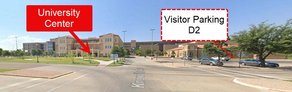 street view on knoxville avenue and fifth street facing south, pointing out the university center building on the left and the D2 visitor parking on the right